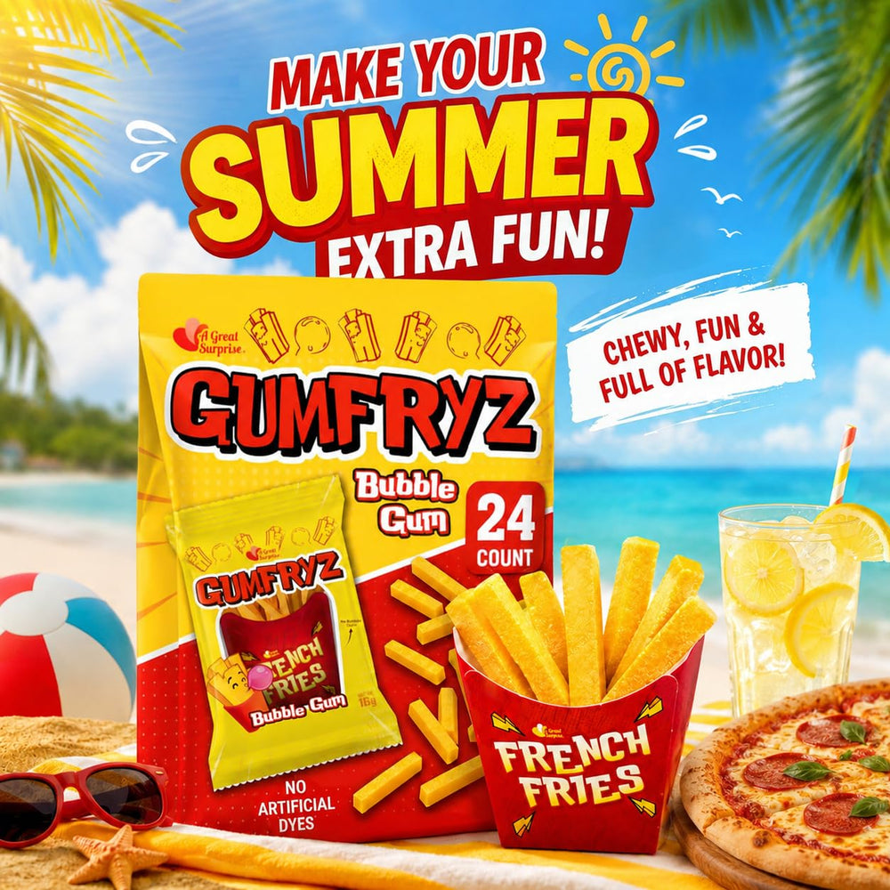 A Great Surprise Gumfryz stacked on a retail shelf, ready for resale and impulse buys