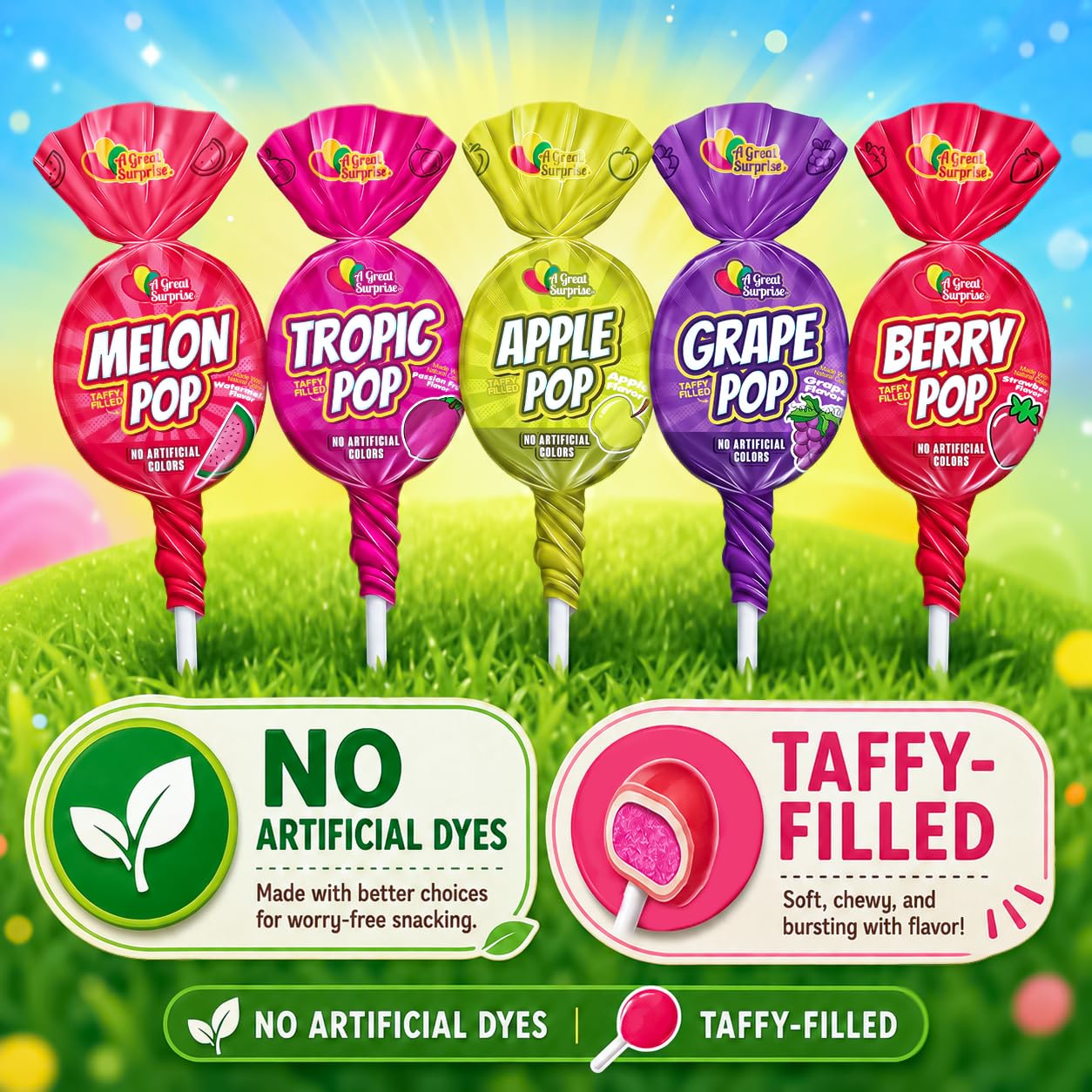 Opened bag of A Great Surprise lollipops spilling individually wrapped pieces for easy serving