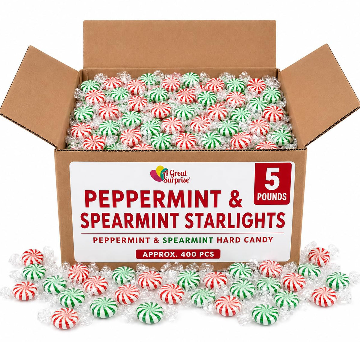 A Great Surprise front packaging of 5 lb Starlight Mints showing brand and weight benefit