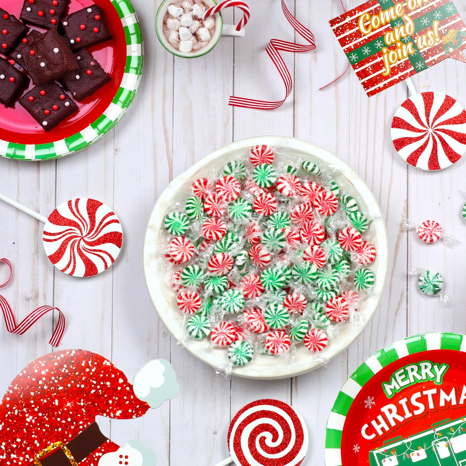 Holiday bowl arrangement with A Great Surprise Starlight Mints adding festive color