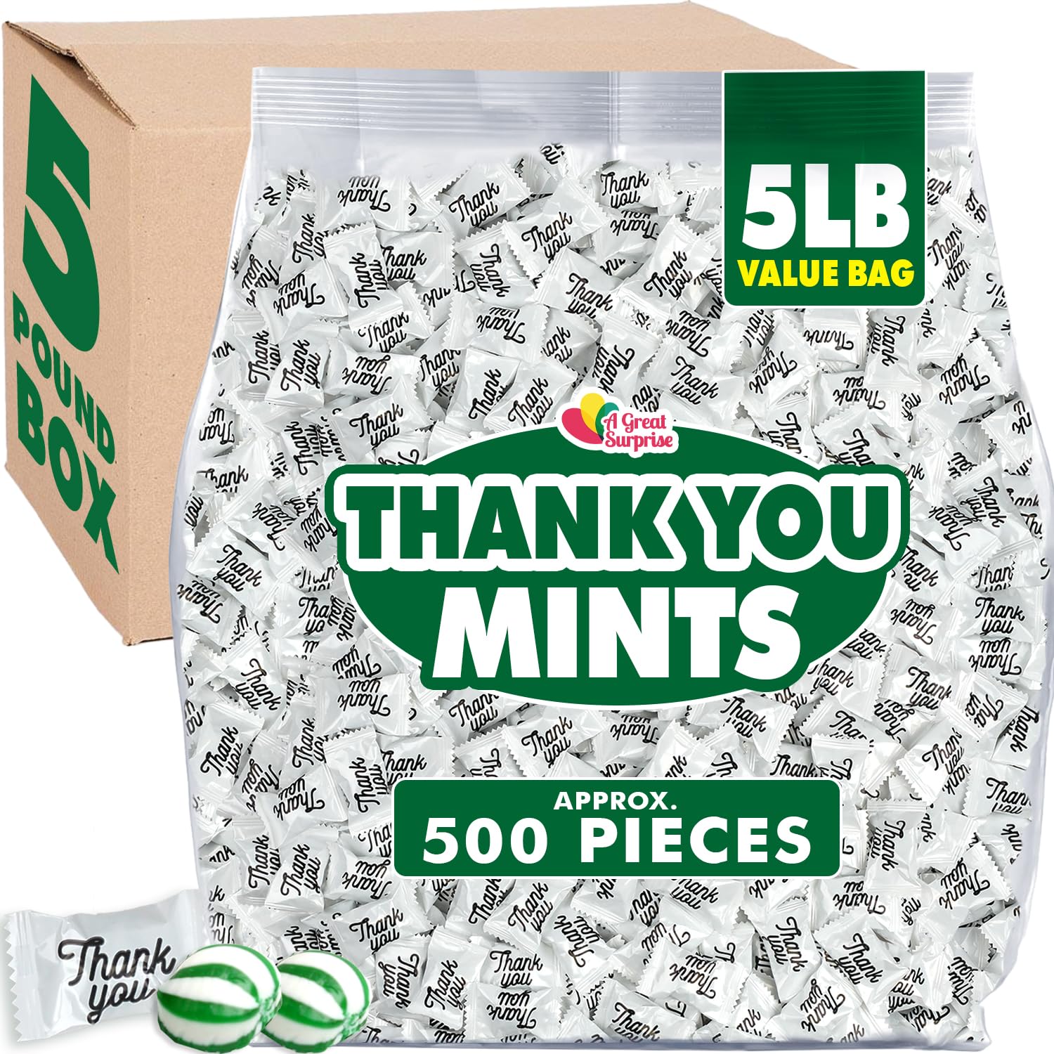 A Great Surprise front packaging showing 5 lb bag and Thank You wrappers, convenient supply