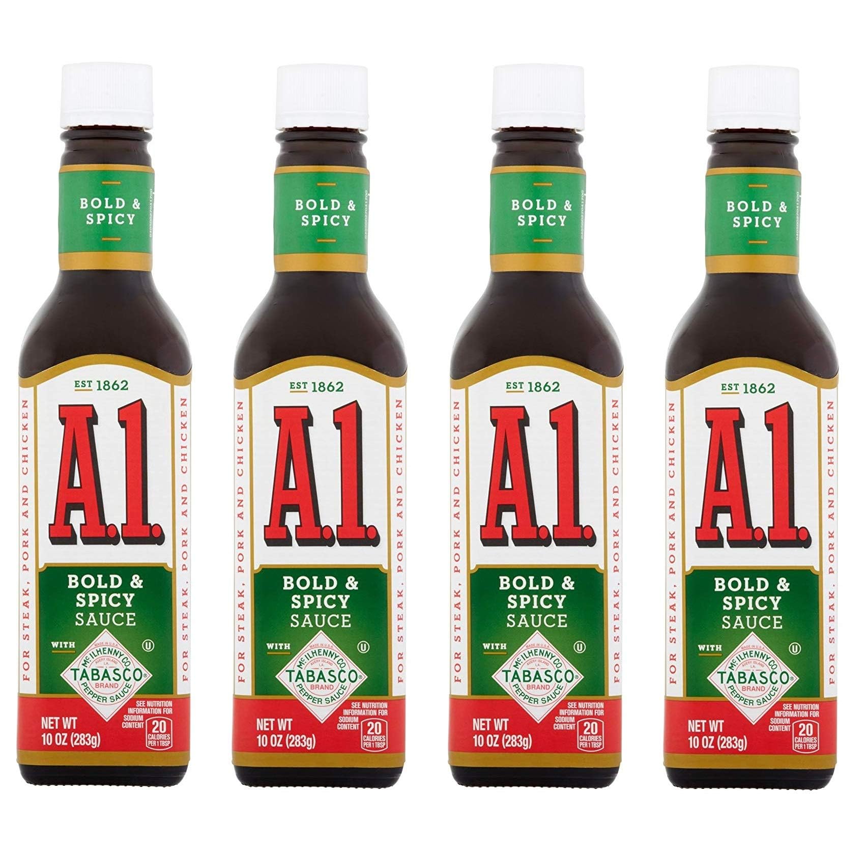 A.1. bottle front packaging showing bold and spicy label and serving suggestion