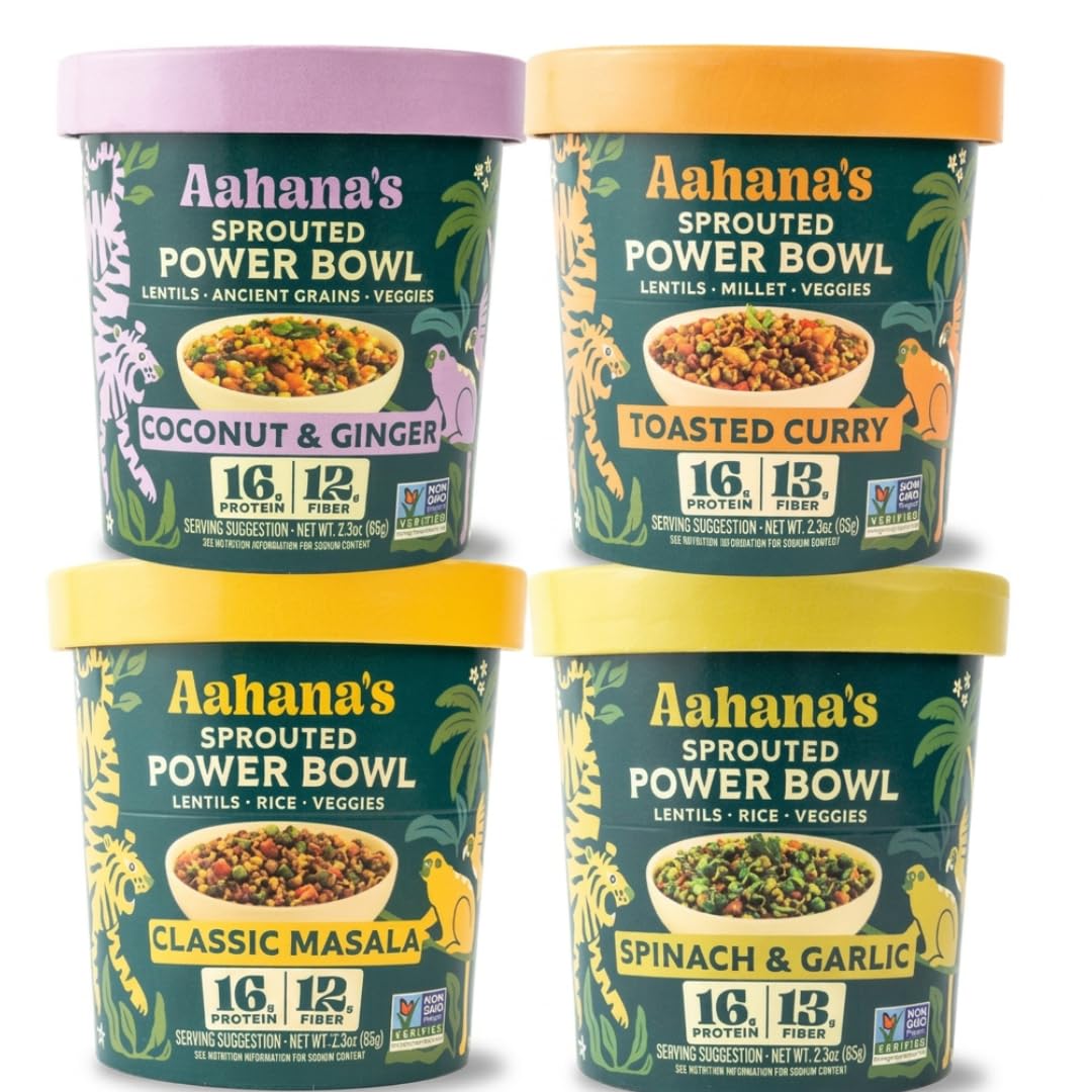 Aahana's front packaging 4-pack showing convenience and clean-label benefits