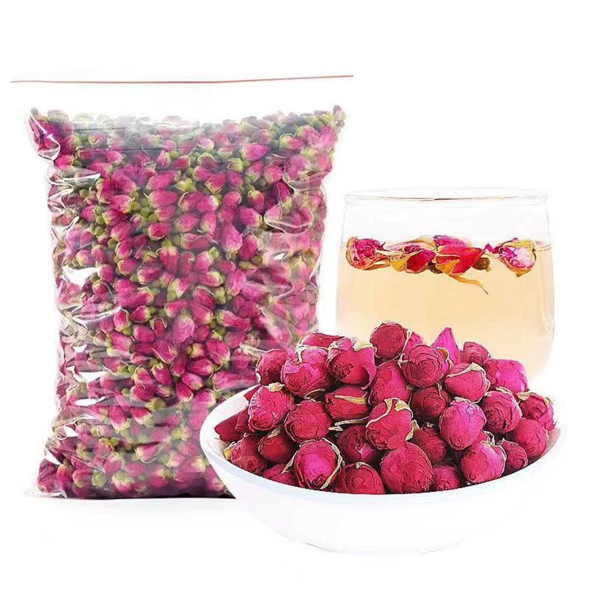 Aandiso front packaging showing bulk 5.29oz rosebuds and clear label benefits