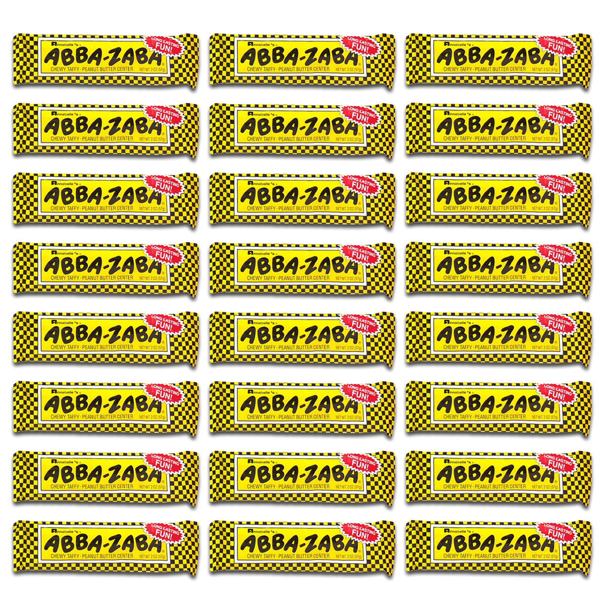 Abba Zabba front packaging showing individually wrapped bars and easy sharing