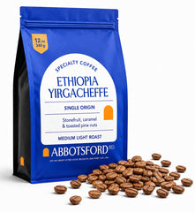 Abbotsford Road front of bag showing 12 oz single-origin packaging and freshness