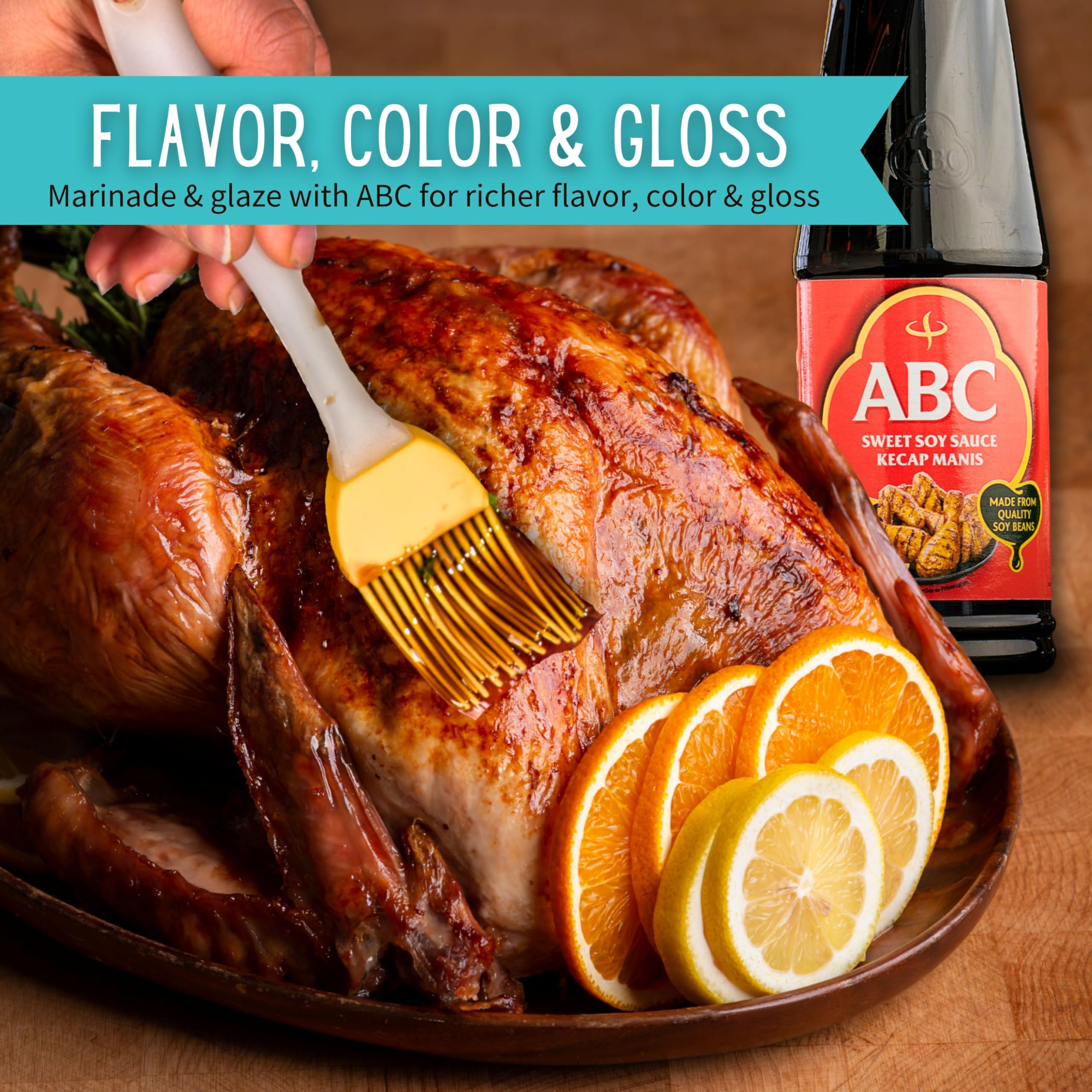 ABC sweet soy bottle close-up label highlighting no MSG and plant-based ingredients