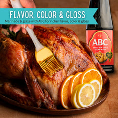 ABC sweet soy bottle close-up label highlighting no MSG and plant-based ingredients