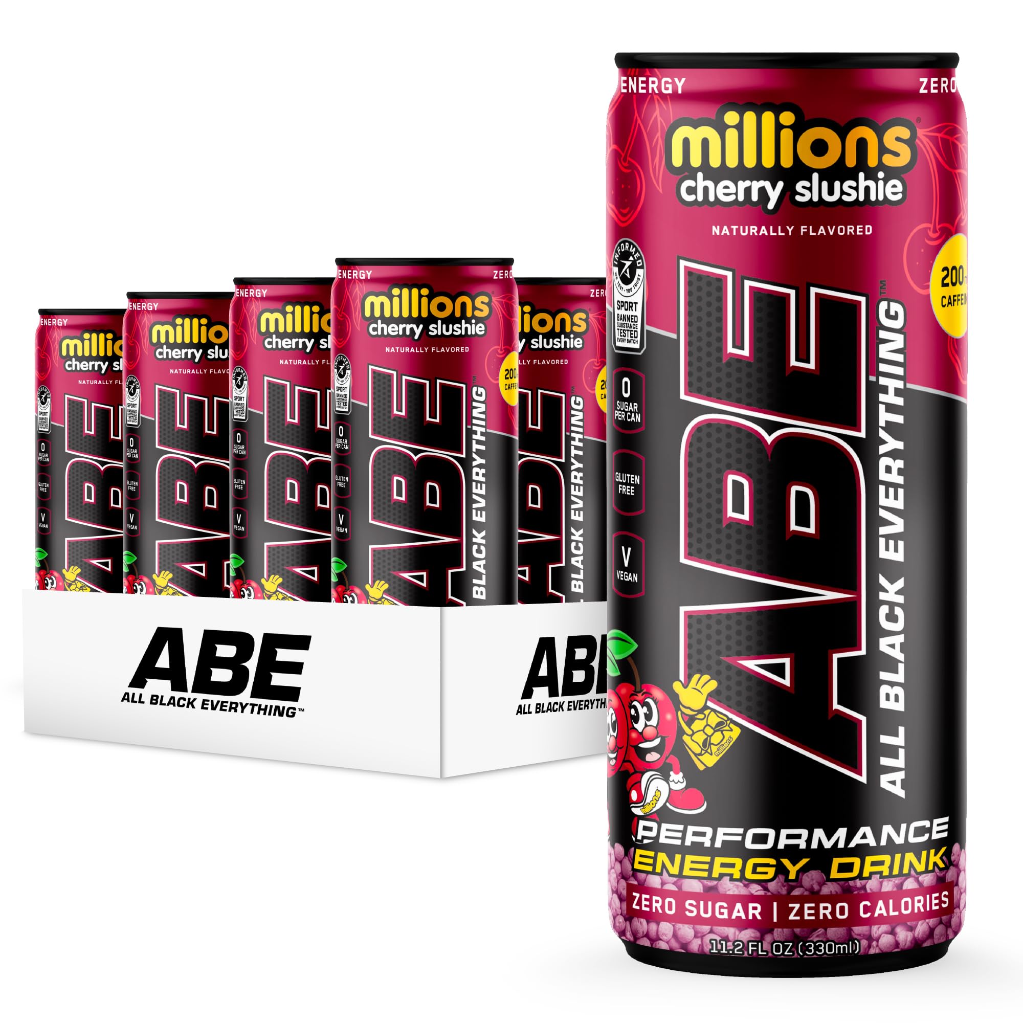 ABE All Black Everything front can Cherry Millions showing branding and zero-calorie benefit