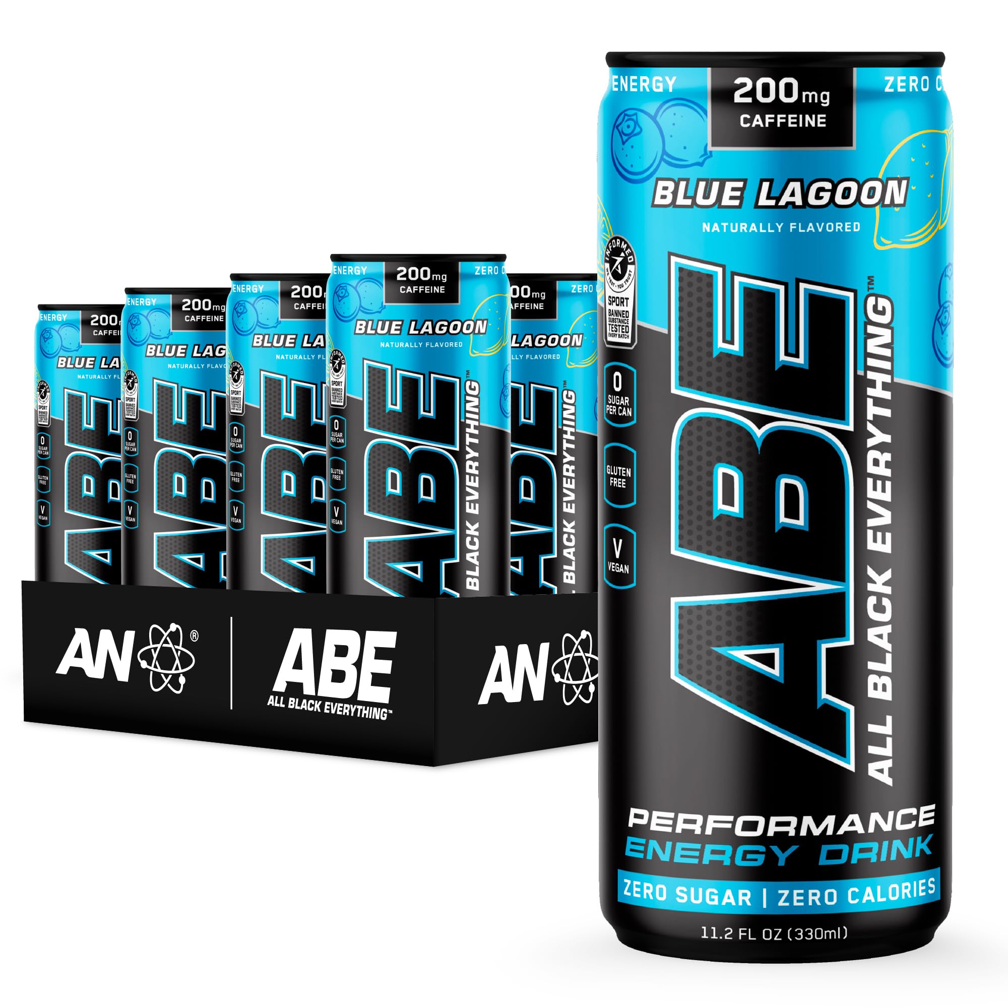 ABE front can showing Blue Lagoon flavor and 200mg caffeine benefit