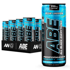 ABE front can showing Blue Lagoon flavor and 200mg caffeine benefit