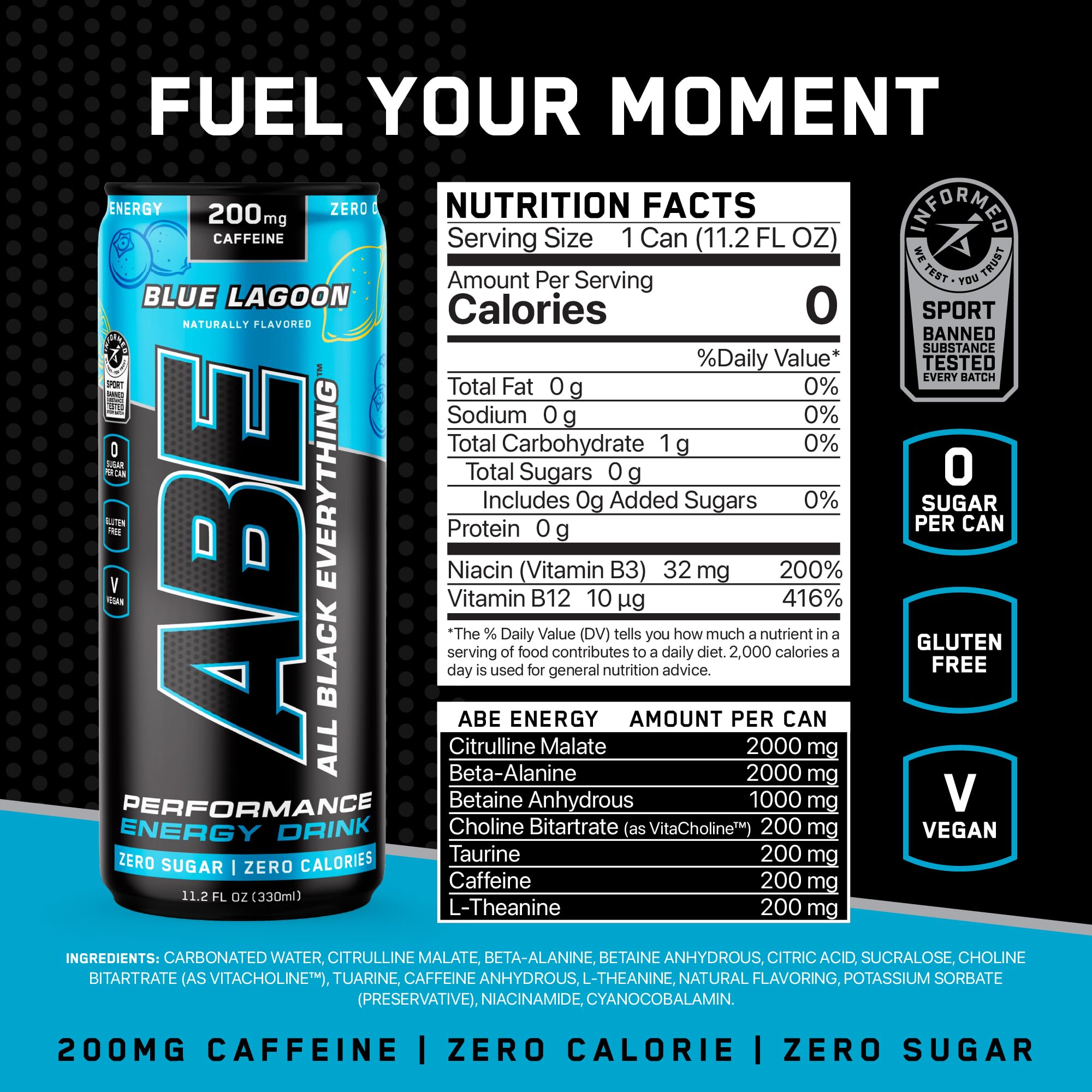 ABE side label close-up highlighting ingredients and zero calorie benefit
