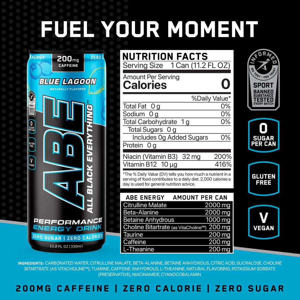 ABE side label close-up highlighting ingredients and zero calorie benefit