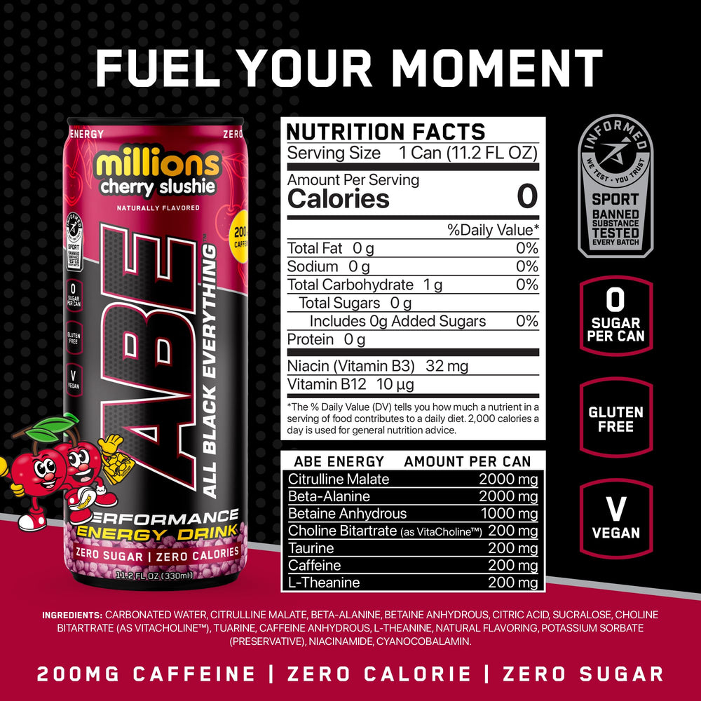 ABE ingredients panel close-up highlighting performance ingredients and sugar-free formula