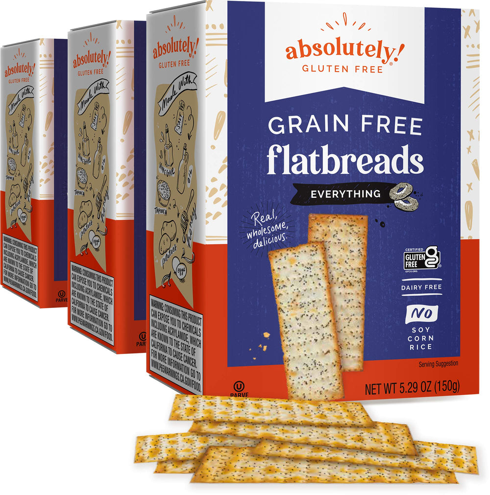 Absolutely flatbread front packaging shows 3-pack convenience and gluten free benefit