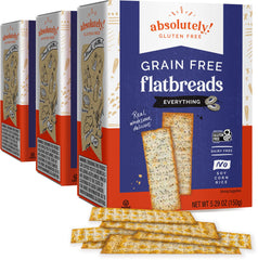 Absolutely flatbread front packaging shows 3-pack convenience and gluten free benefit
