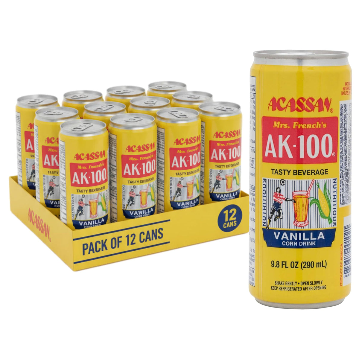 Acassan bottle front view showing label and convenient 9.8 fl oz size