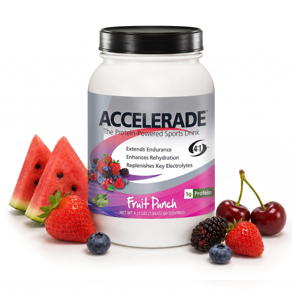 Accelerade front tub displaying brand and fruit punch flavor for quick identification and convenience