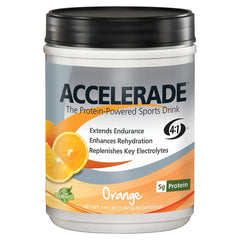 Accelerade front packaging showing orange flavor and 30 servings, clear product identity and benefit