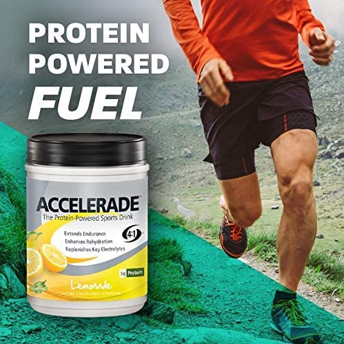 Detailed shot of Accelerade nutrition label explaining carb-to-protein ratio and electrolyte content