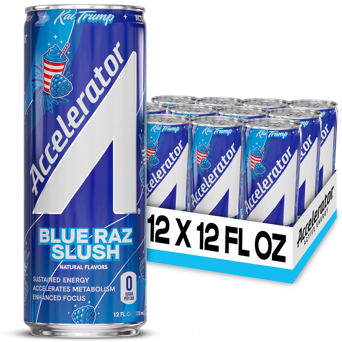 ACCELERATOR front can showing Blue Raz Slush flavor and zero sugar benefits