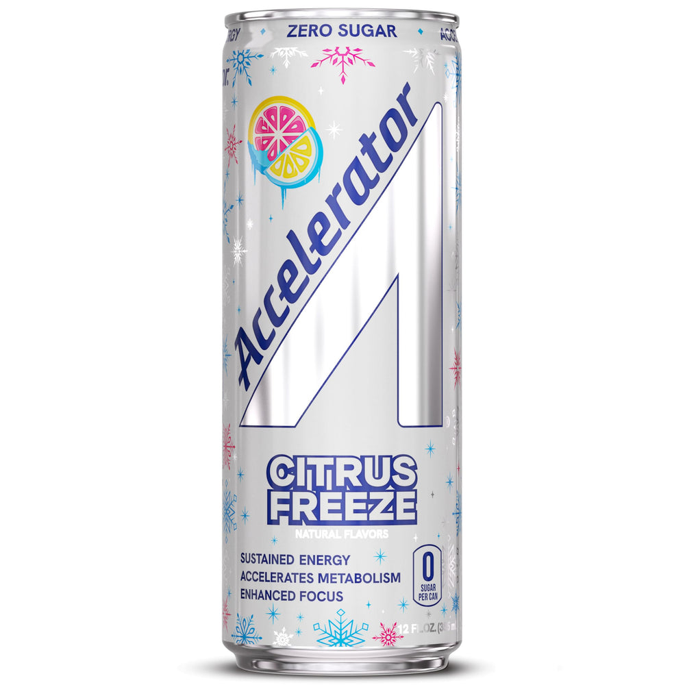ACCELERATOR closeup of can texture and condensation highlighting crisp refreshment