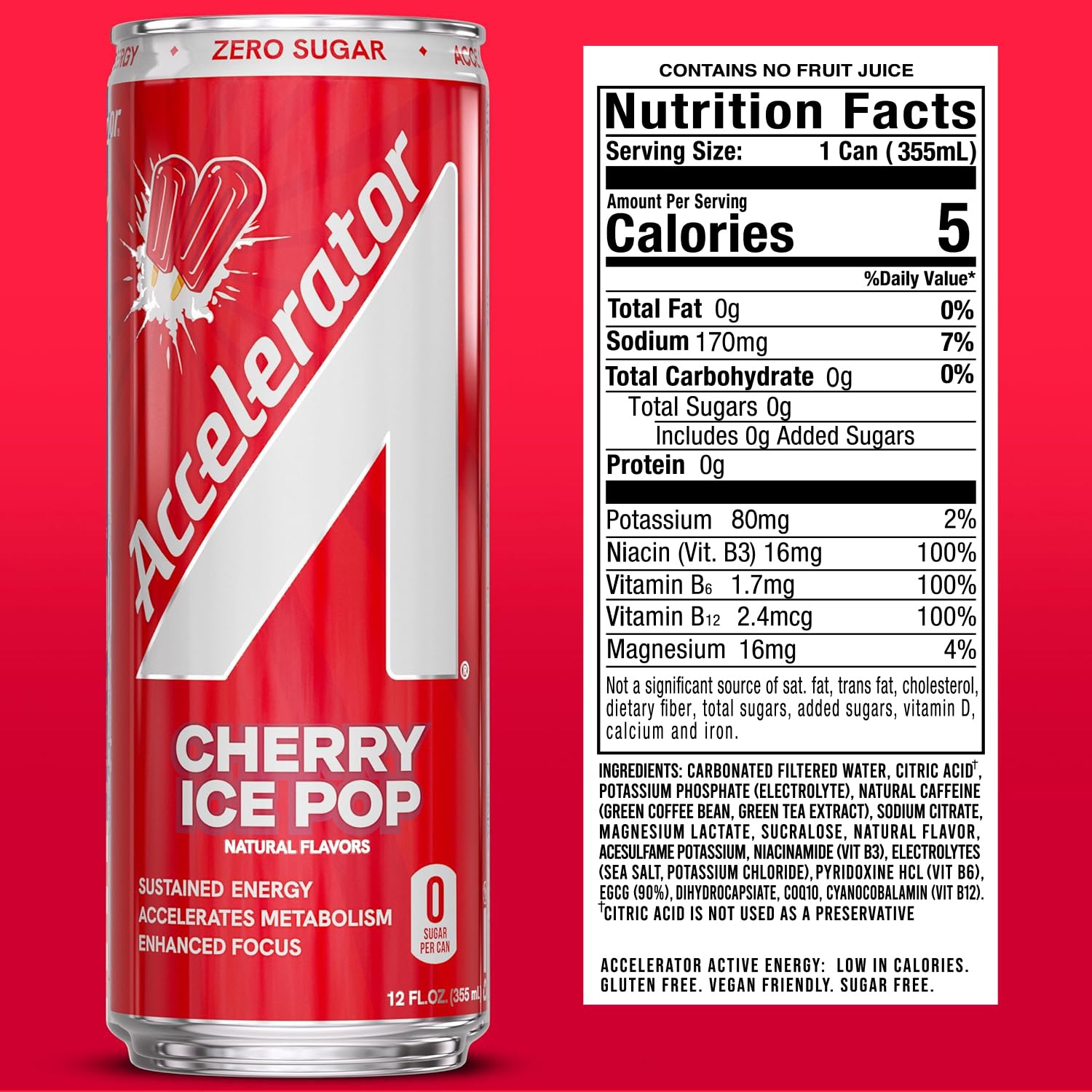 Accelerator closeup of can label highlights natural caffeine source benefits