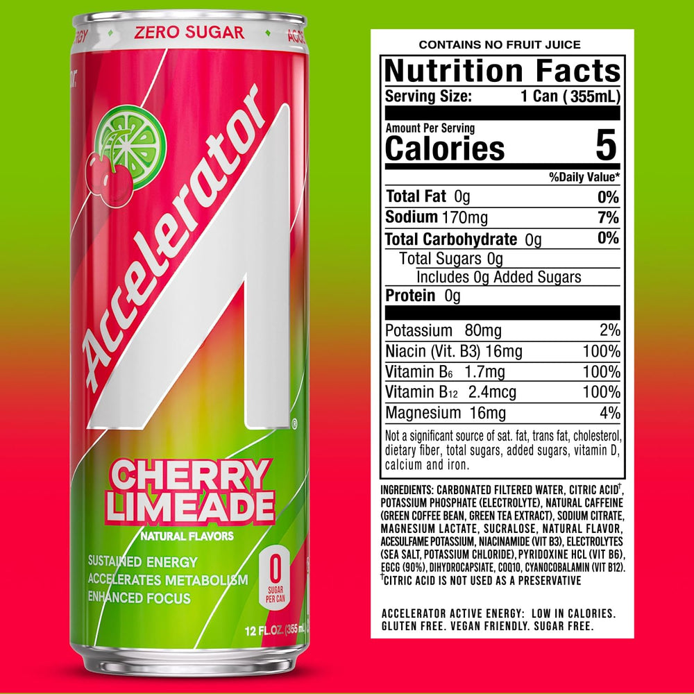 ACCELERATOR close-up of Cherry Limeade can texture and clear ingredient labeling