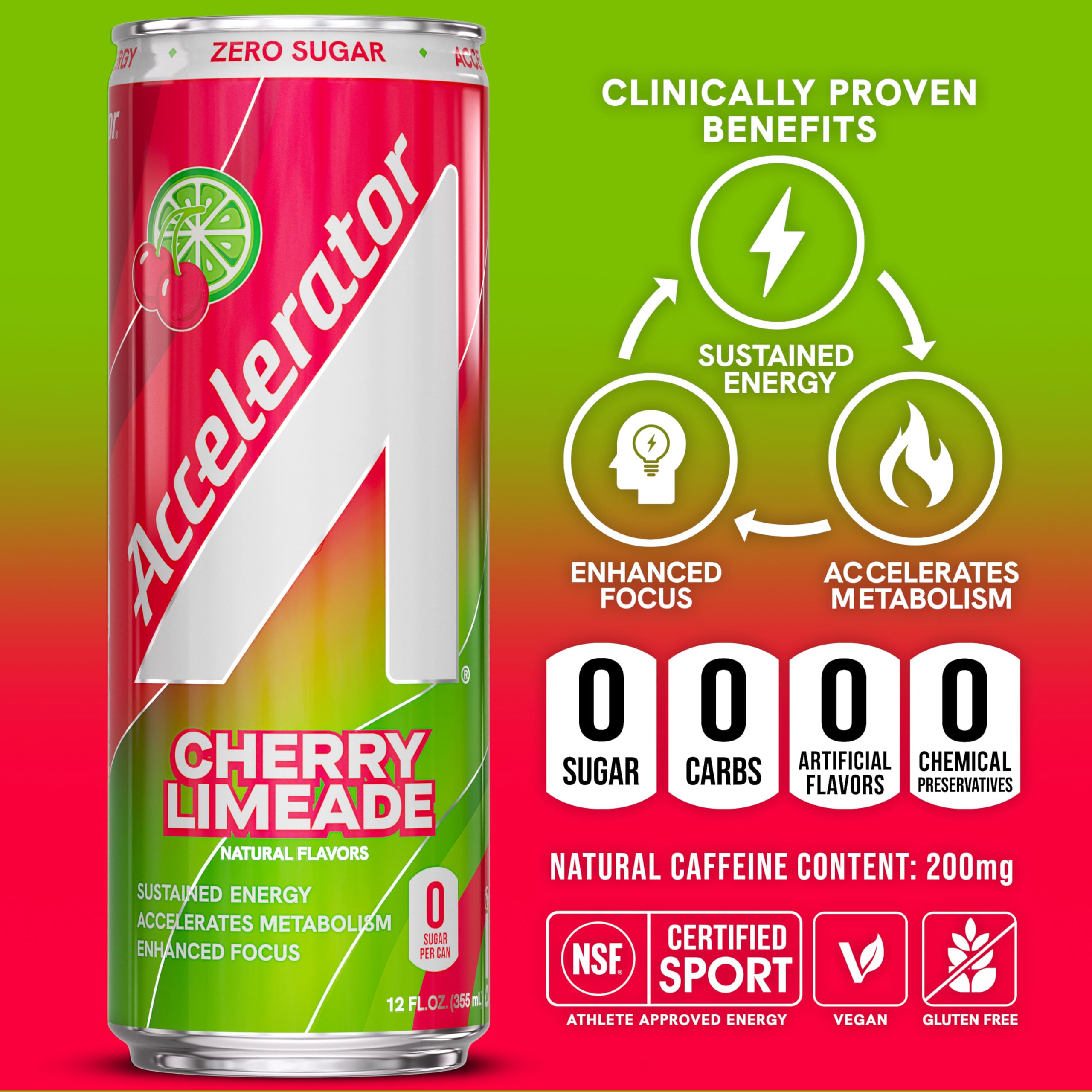 ACCELERATOR Cherry Limeade can on gym bench showing refreshment and workout support