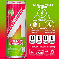ACCELERATOR Cherry Limeade can on gym bench showing refreshment and workout support