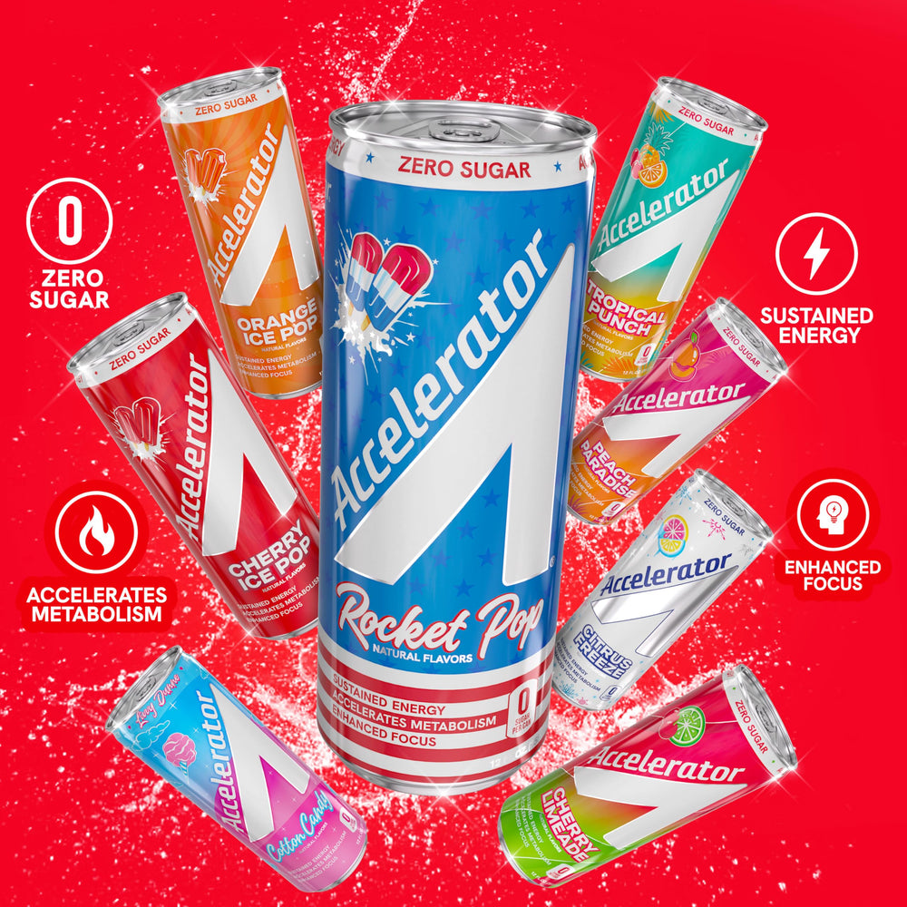 ACCELERATOR assorted flavors lined up to showcase variety and choice