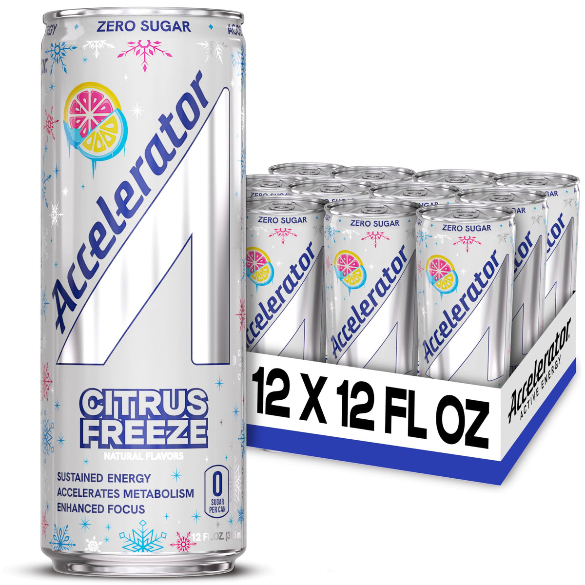ACCELERATOR front can Citrus Freeze showing label and bold branding benefit energy