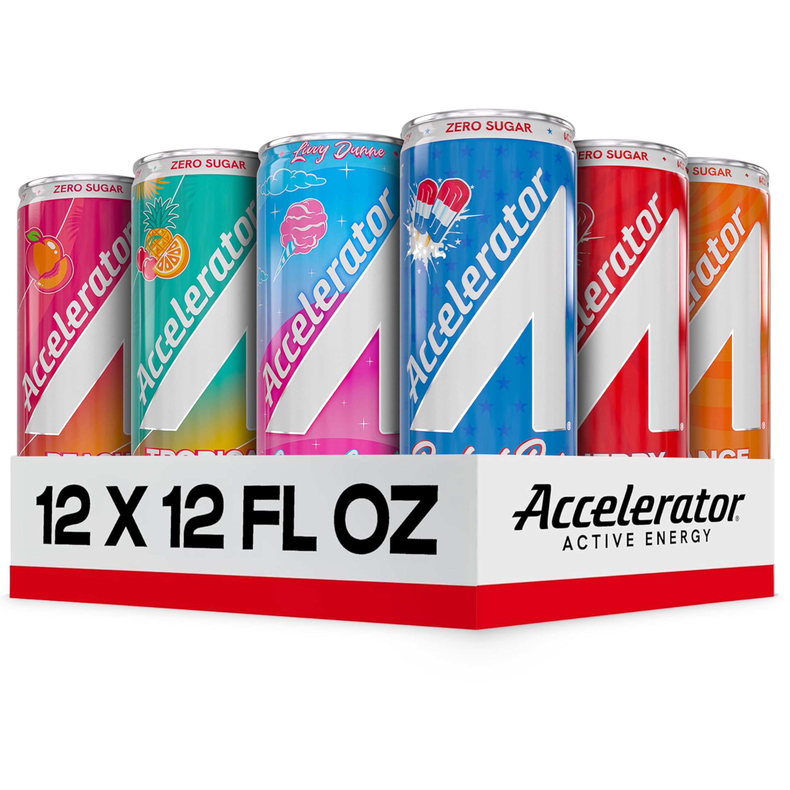 ACCELERATOR front packaging showing 12-can variety pack for convenient energy