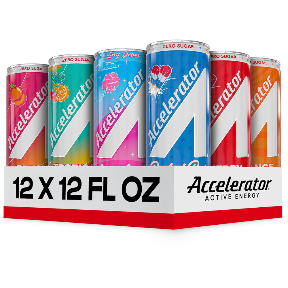 ACCELERATOR front packaging showing 12-can variety pack for convenient energy