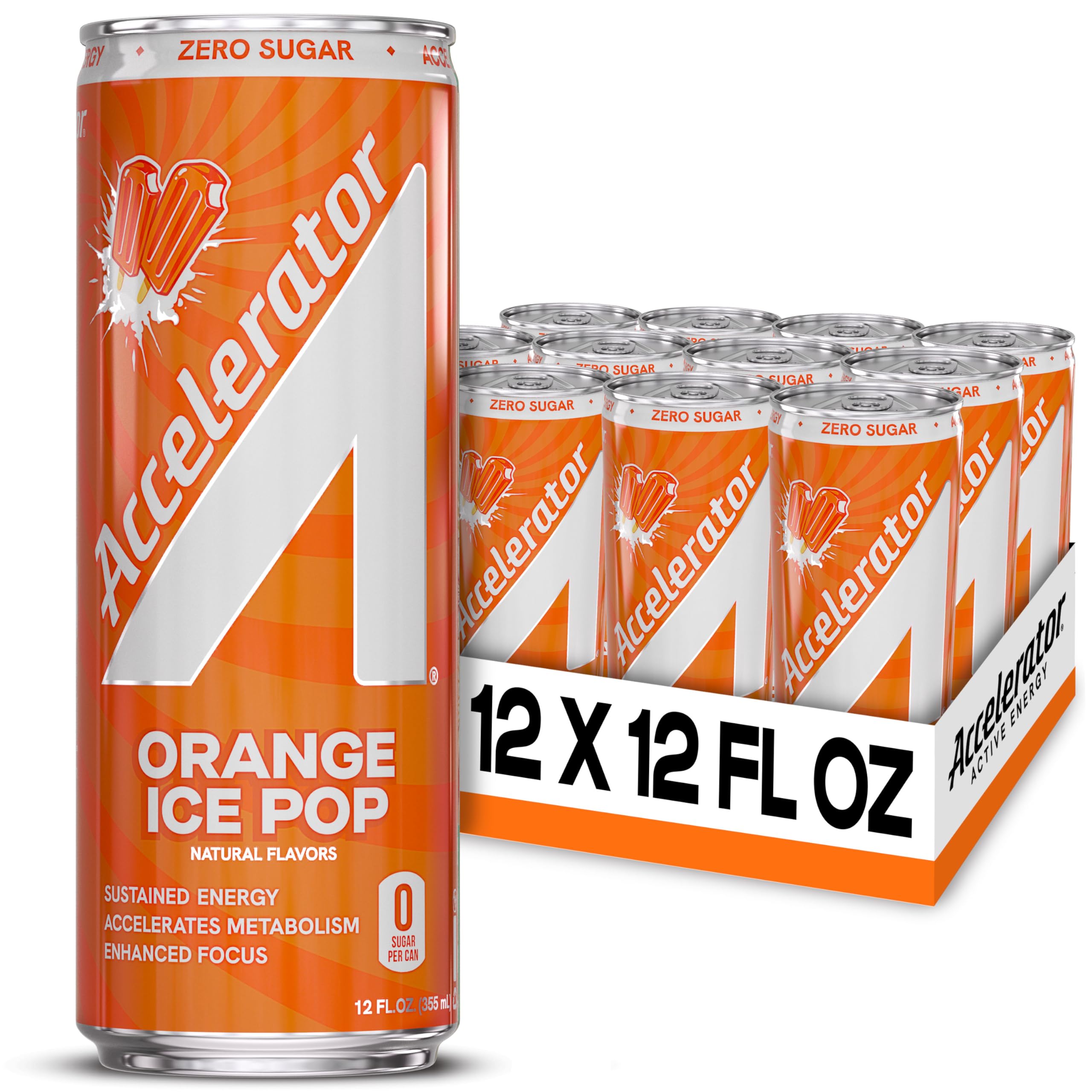 ACCELERATOR front can shot showing orange ice pop flavor and bold branding, energizing refreshment