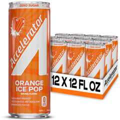 ACCELERATOR front can shot showing orange ice pop flavor and bold branding, energizing refreshment