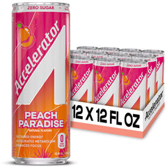 ACCELERATOR front can showing peach paradise flavor and zero sugar benefit