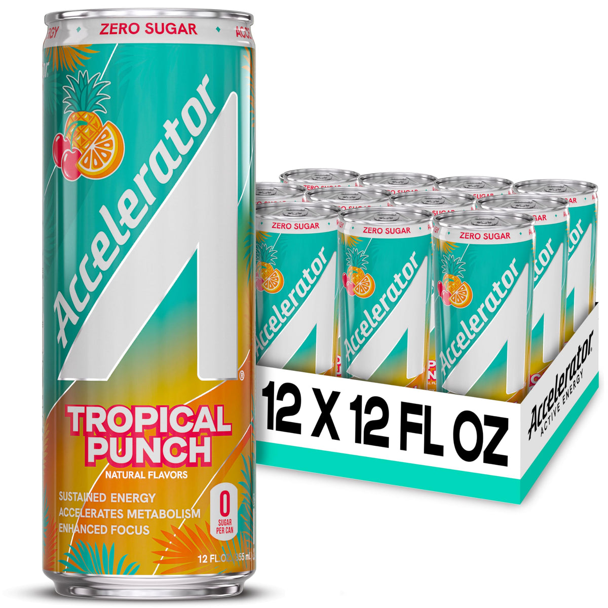 ACCELERATOR front can view showing tropical punch flavor and zero sugar benefit