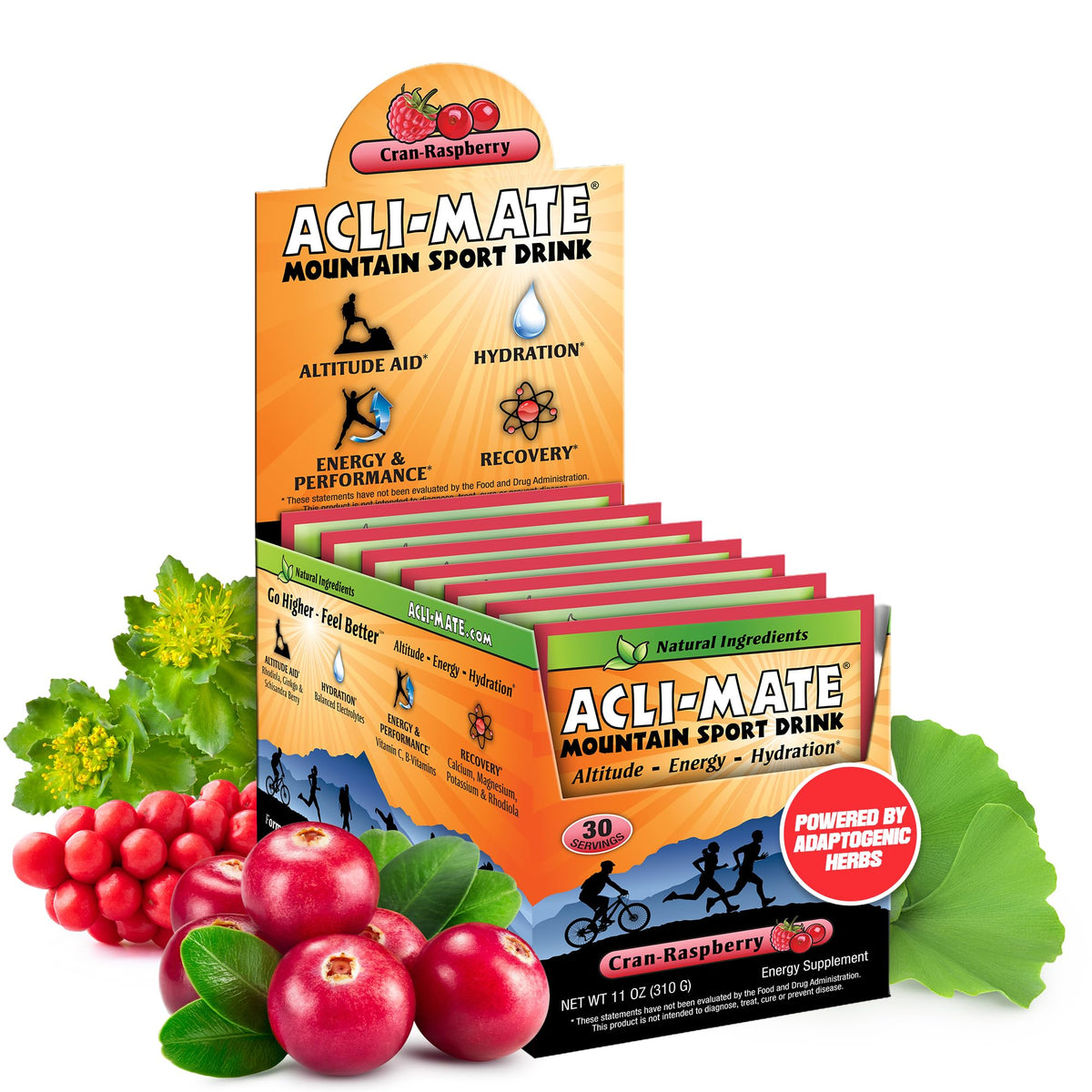 Acli-Mate front packaging showing cranraspberry flavor and travel-ready benefit
