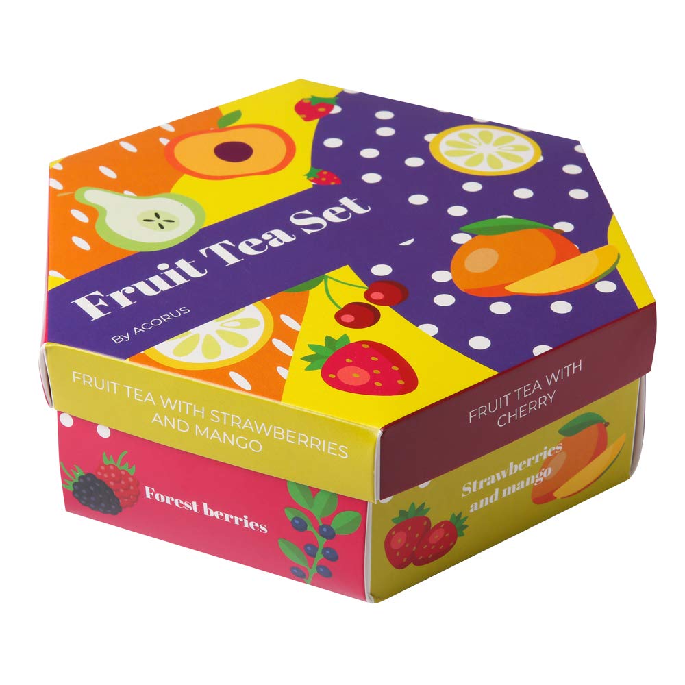 ACORUS dried fruit and herbs beside a teabag highlighting natural ingredients
