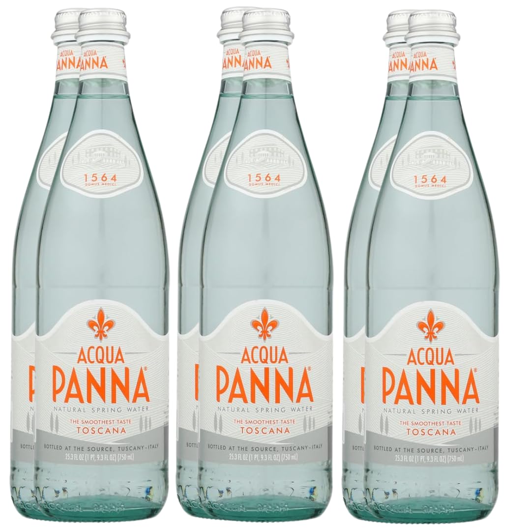 Acqua Panna front packaging showing 750 mL bottle and elegant label, enhances table presentation