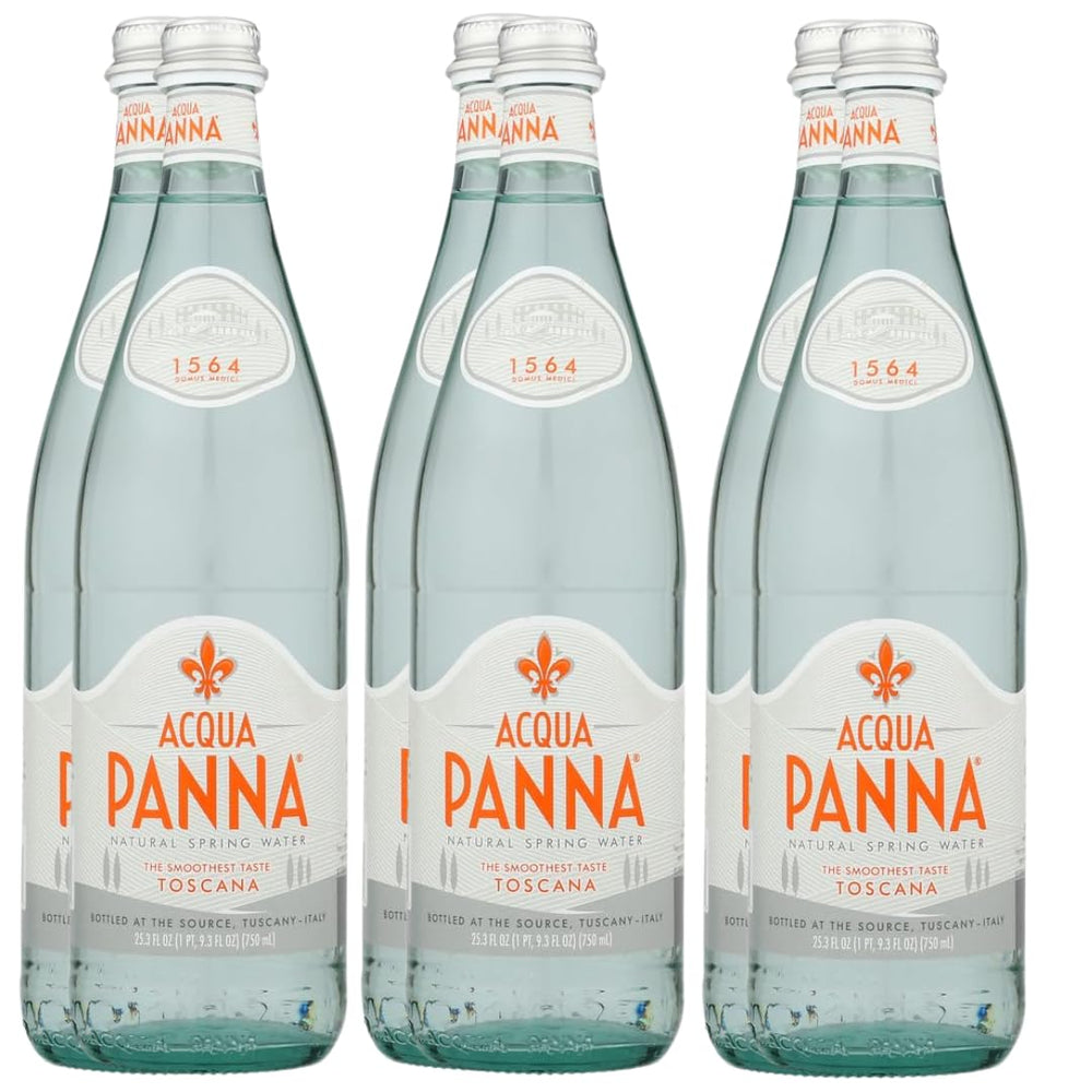 Acqua Panna front packaging showing 750 mL bottle and elegant label, enhances table presentation