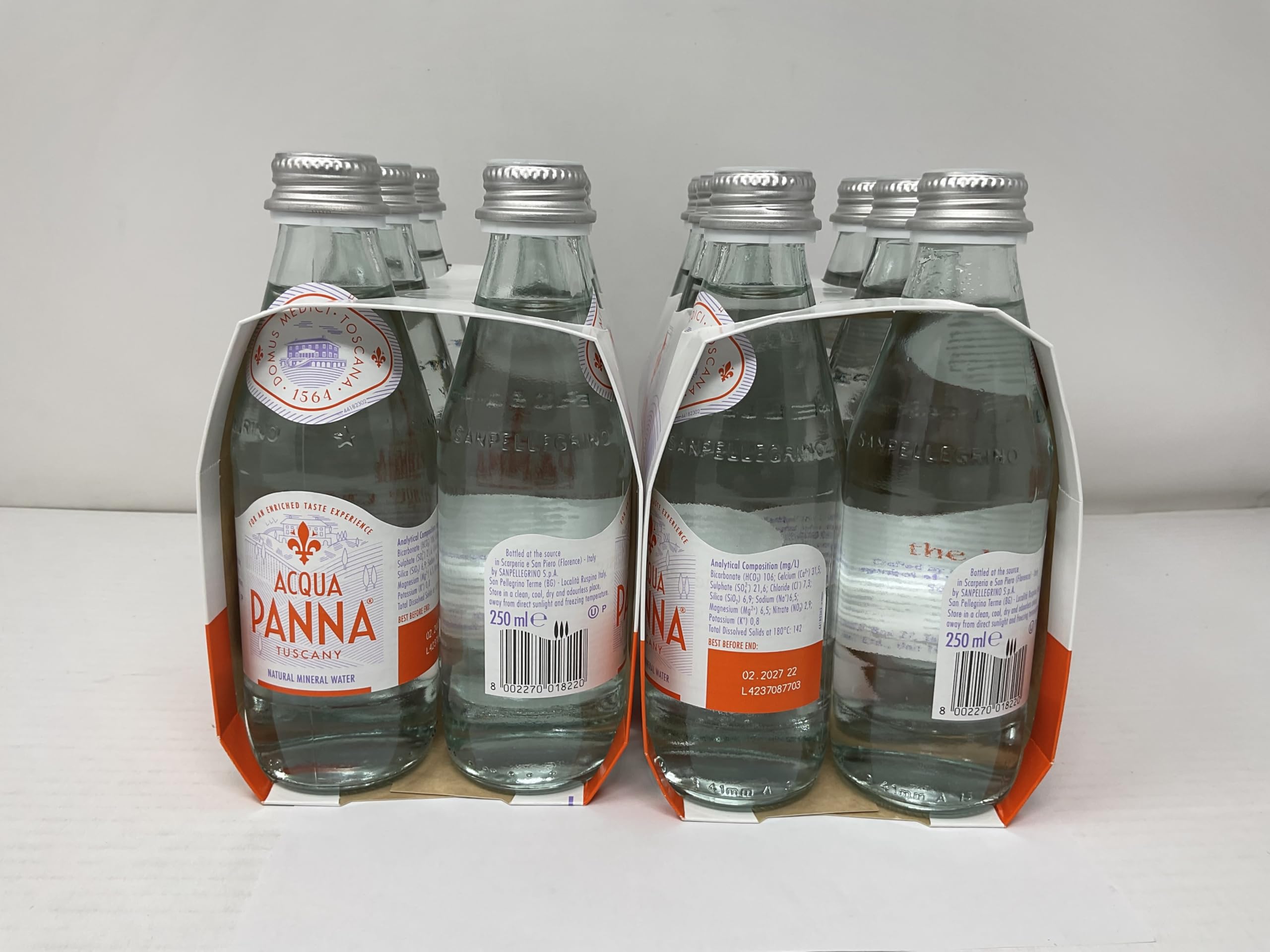 Acqua Panna bottle close-up label highlighting Tuscan origin and clean design for trust