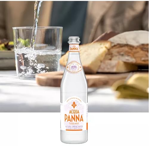 Acqua Panna bottle beside kitchen scale showing 750 mL size for portion and serving planning