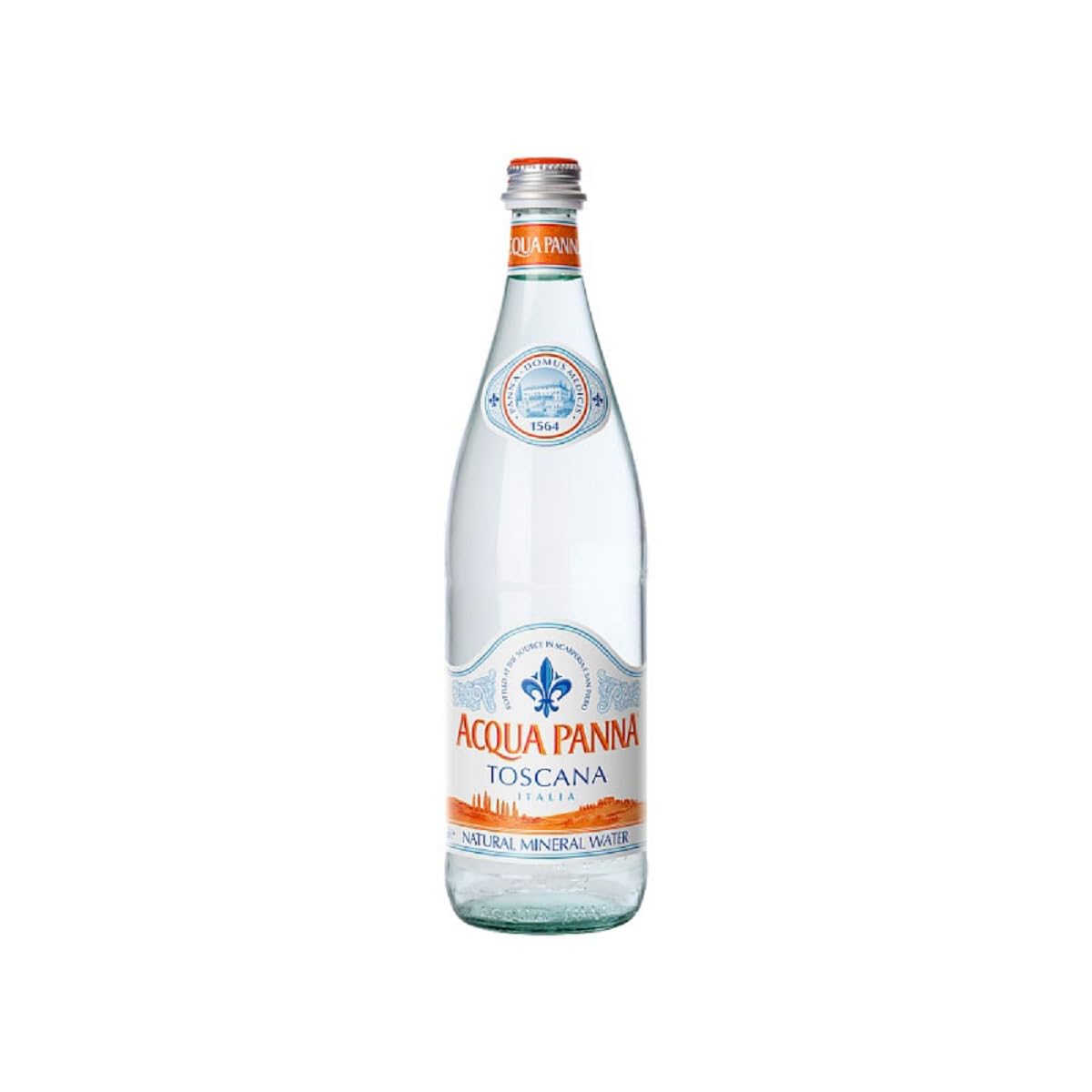 Acqua Panna front packaging showing elegant 12-bottle case and branding for premium presentation
