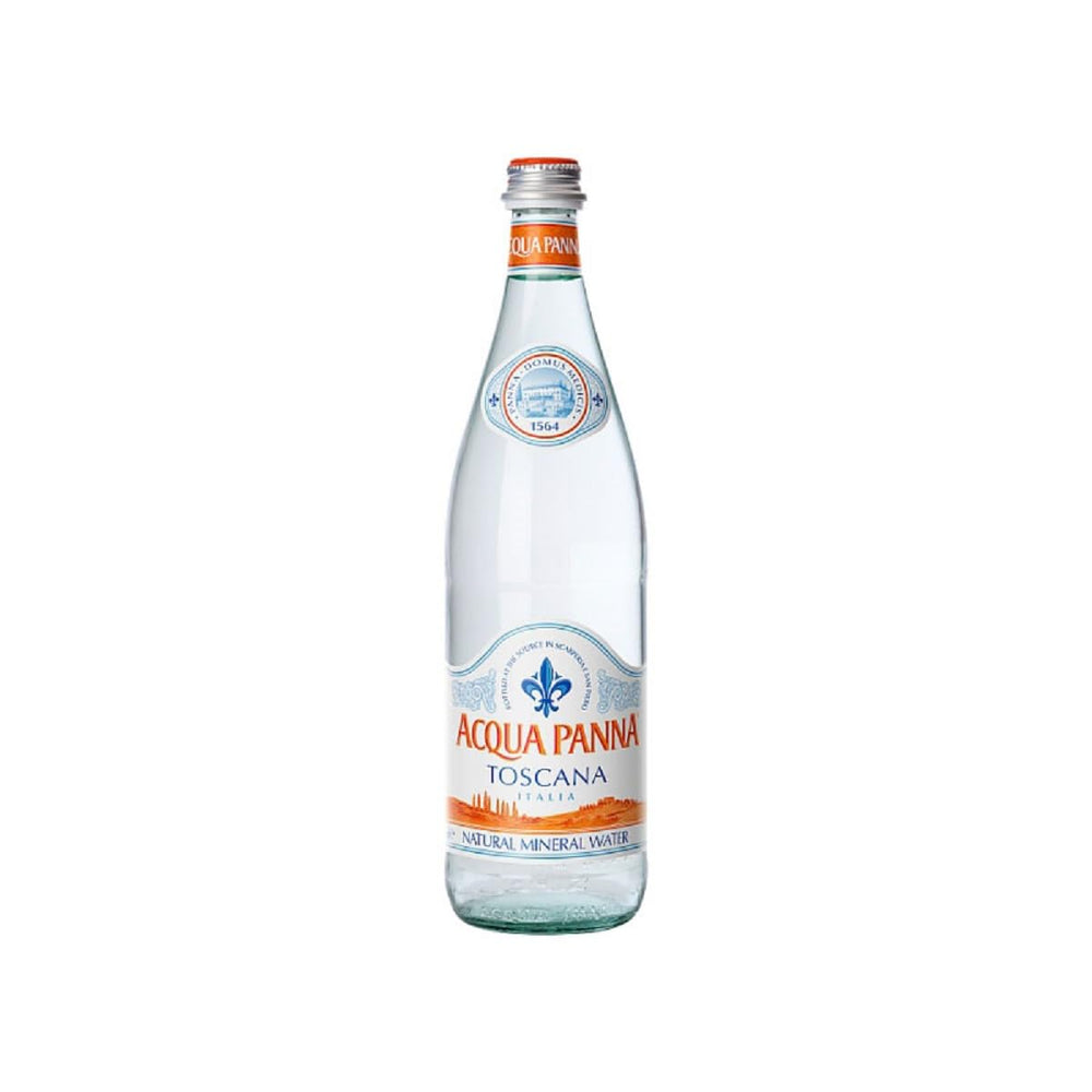 Acqua Panna front packaging showing elegant 12-bottle case and branding for premium presentation