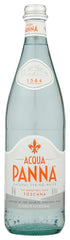 Acqua Panna glass bottle side label close-up highlighting Tuscan origin and premium look
