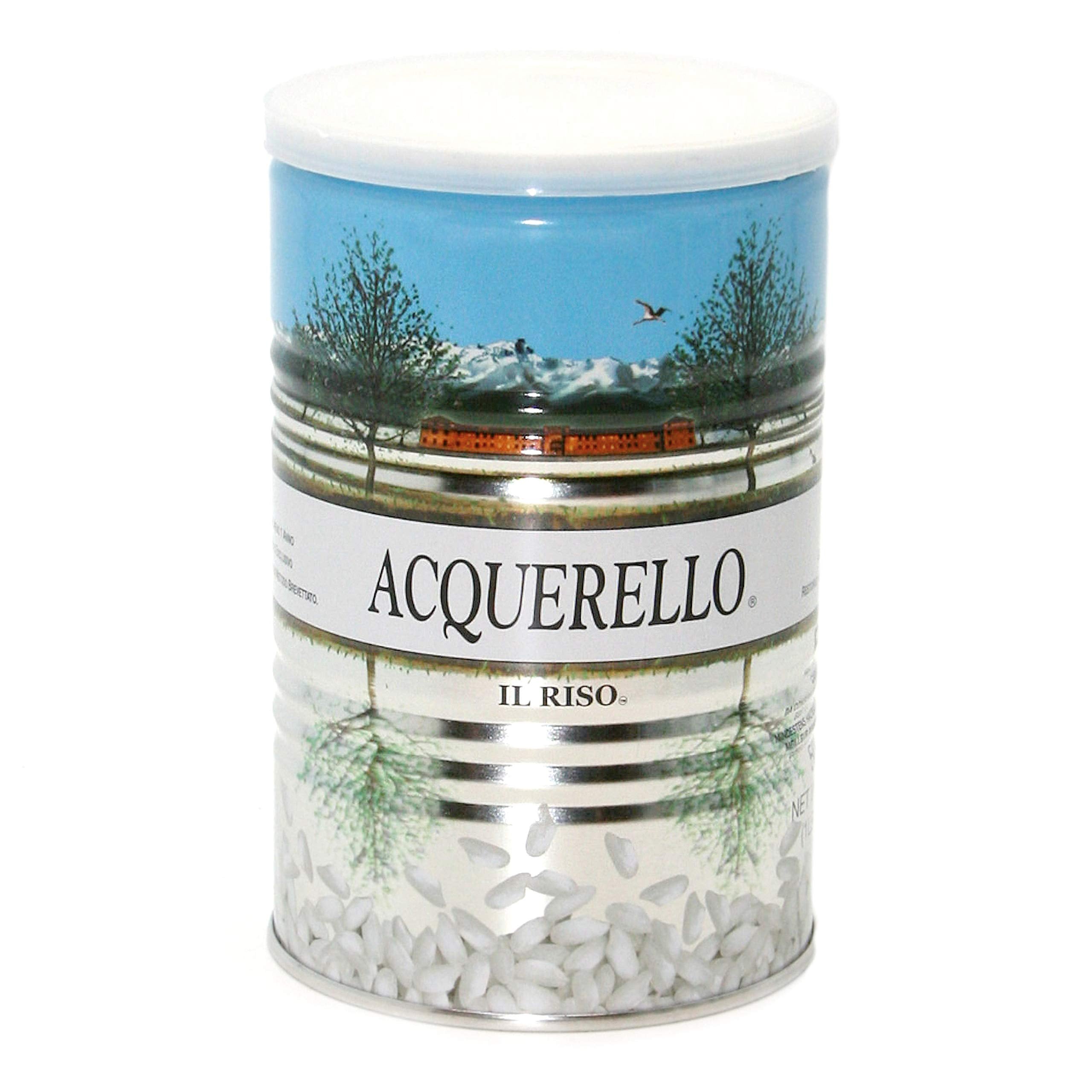 Acquerello tin front view showing label and preserved quality for creamy risottos