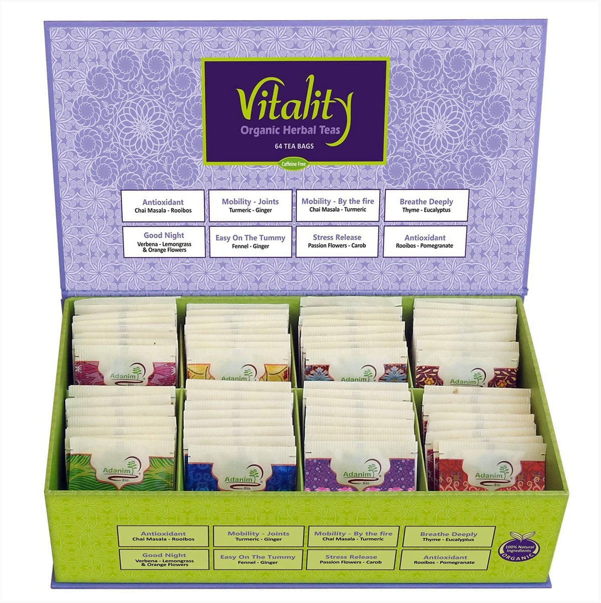 ADANIM BIO front view of gift-ready tea box showing variety benefits