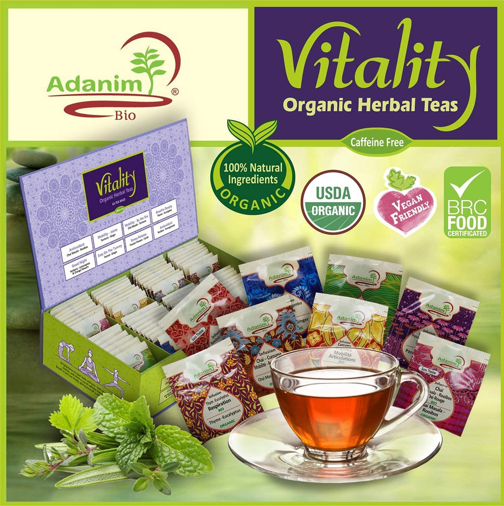 ADANIM BIO spread of all eight flavored tea sachets for easy selection